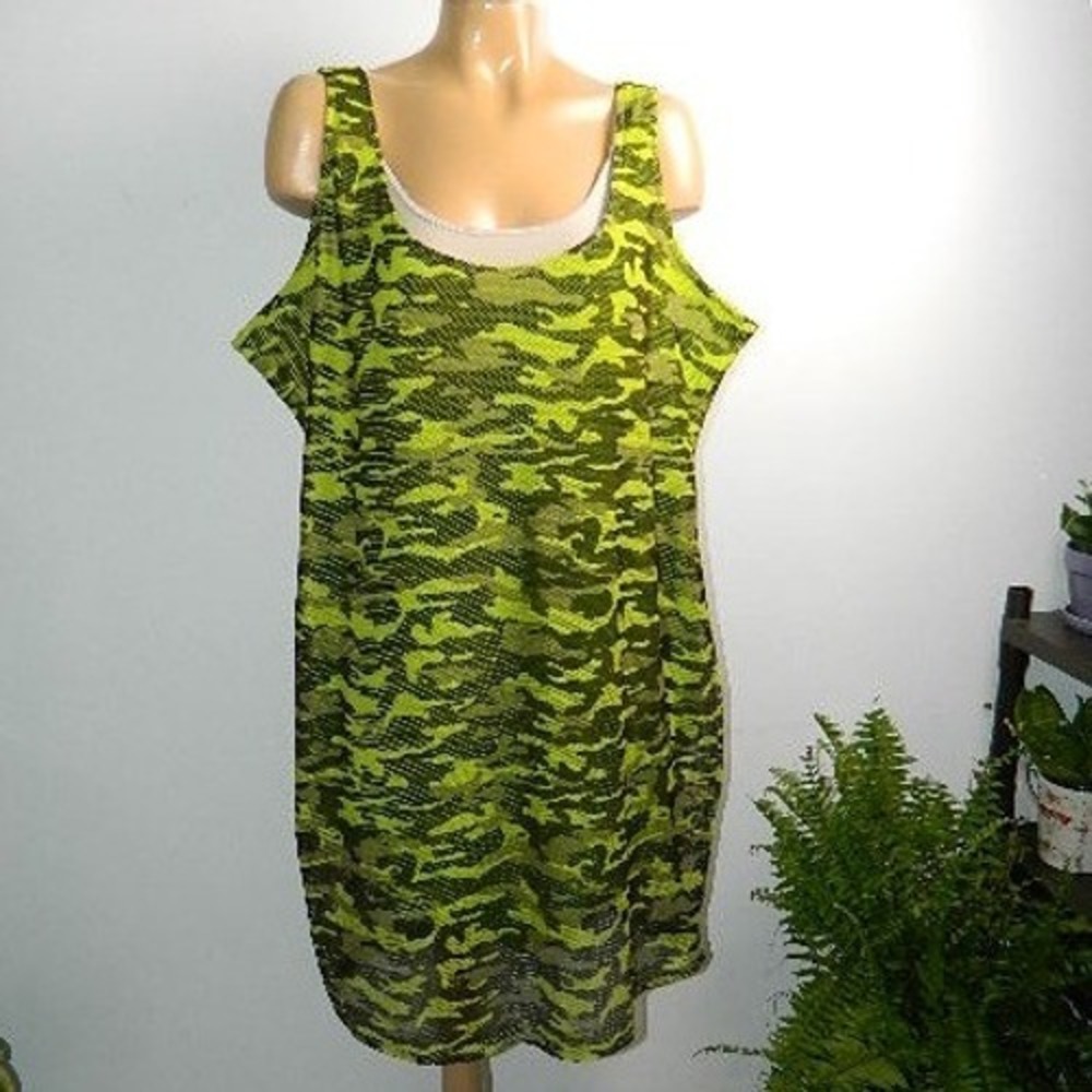 Jolie & Joy Camo Tank Dress Womens 3X Neon Green Mesh Overlay Sleeveless Shift